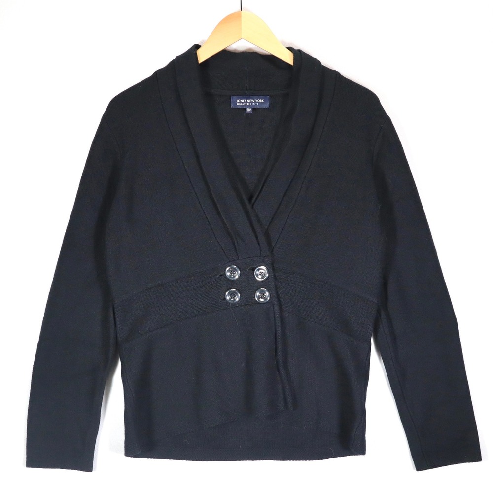 Jones New York Cardigan Women PM Black Shawl Collar Double Breasted Career